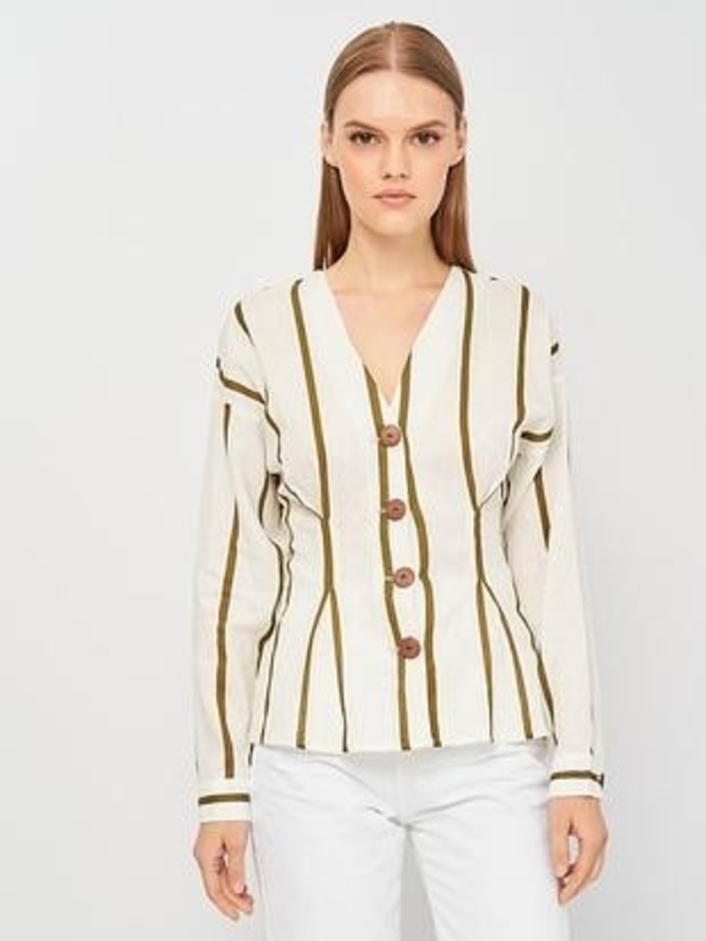 NWT Zara White and Olive Green Striped Button Shirt